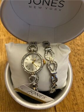 Jones New York Silver and Gold-Tone Crystal Accent Watch & Bracelet Set